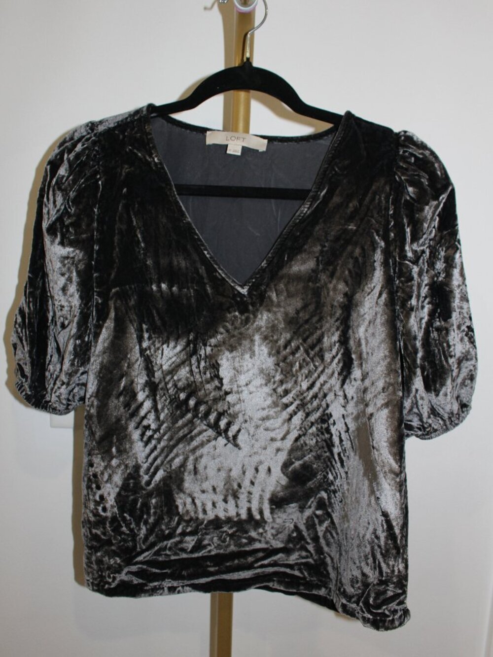 Women's Loft Velvet Grey Puff Sleeved Top, Size XS